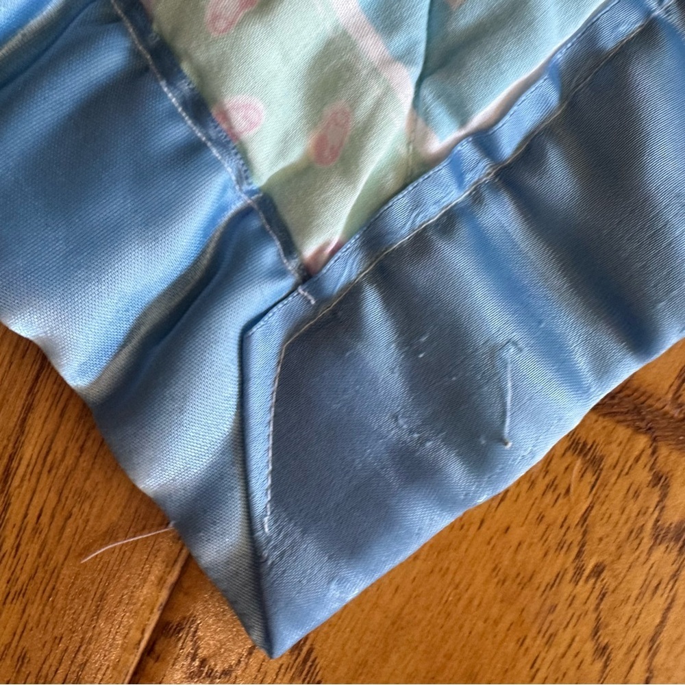 Vintage Satin Trim Quilted Baby Blanket White Blue Yellow Green Pink Plaid 40x34 - Picture 3 of 5